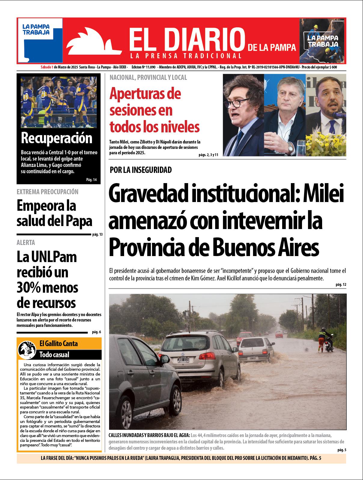 Tapa de El Diario en papel  saacutebado 01 de marzo de 2025